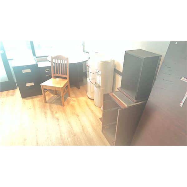 CONTENTS OF OFFICE - DIS-ASSEMBLED DESK, ROUND TABLE, (2) WATER COOLERS, WOODEN CHAIR AND