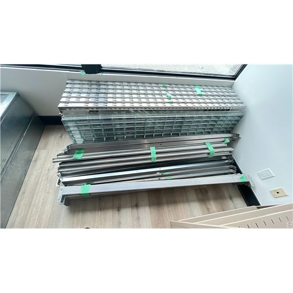 METAL SHELF RACKING SYSTEM - (6) 6FT X 2FT UPRIGHTS, APPROX. (22) 6FT SIDE RAILS & (12) 6FT MESH