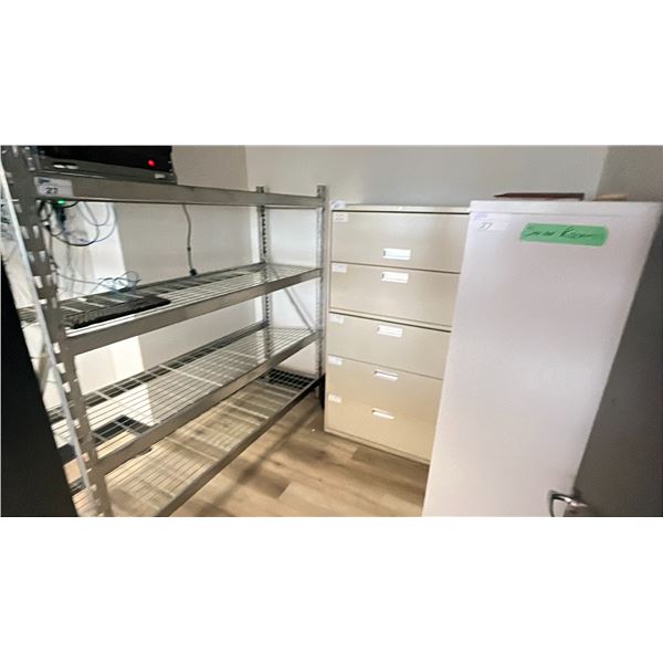 METAL SHELF RACK (APPROX. 6FT X 6FT X 2FT) AND (2) HON 5 DRAWER LATERAL FILING CABINETS