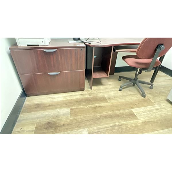 3PCS. MAHOGANY FINISH OFFICE SET - COMPUTER DESK, 2 DRAWER FILING CABINET & OFFICE CHAIR