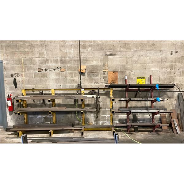 2 STEEL STORAGE RACKS WITH ASSORTED  STEEL MATERIAL - YELLOW RACK APPROX. 106" ACROSS X 16"
