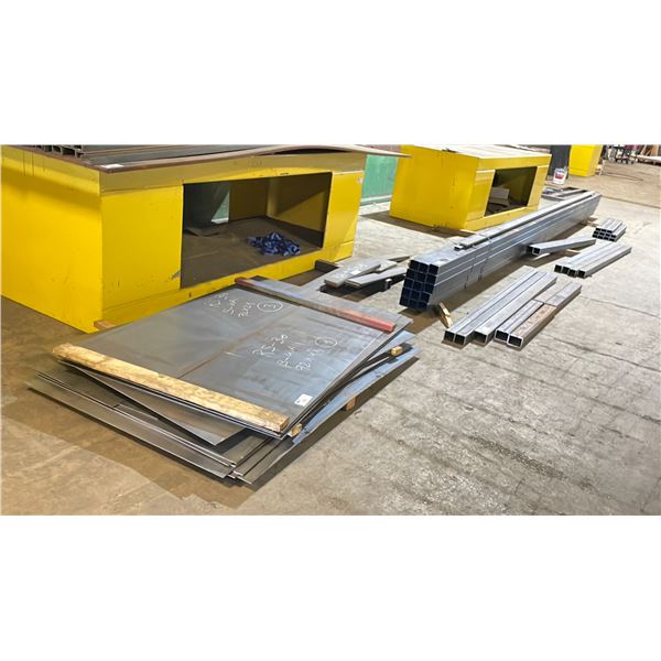 LARGE GROUP OF ASSORTED STEEL FABRICATING MATERIAL -(7) 6FT X 12FT METAL SHEETS, (15) 24FT X 3" X 3"