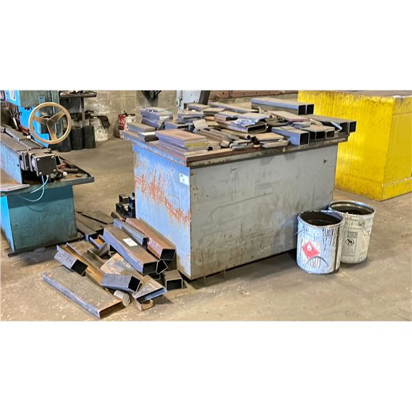 METAL SCRAP BIN W/FORKLIFT SLOTS AND ASSORTED STEEL SCRAP MATERIAL