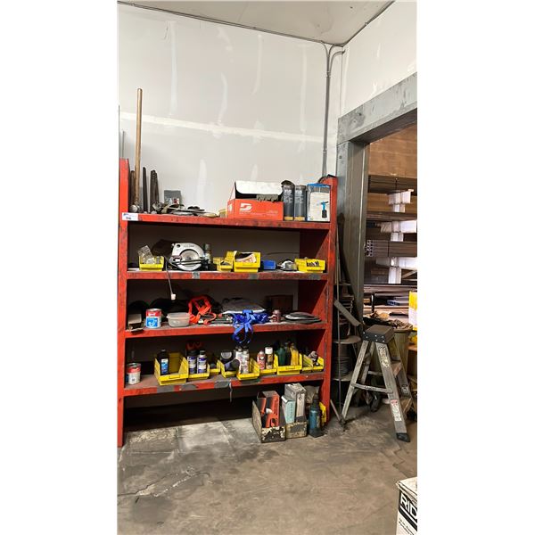 WELDED METAL SHELF UNIT WITH ASSORTED TOOLS, HARDWARE AND SHOP SUPPLIES