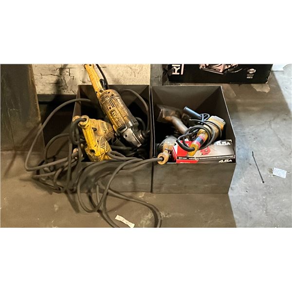 2 METAL PARTS BINS WITH ASSORTED POWER TOOLS - DEWALT GRINDERS, PNEUMATIC STAPLE