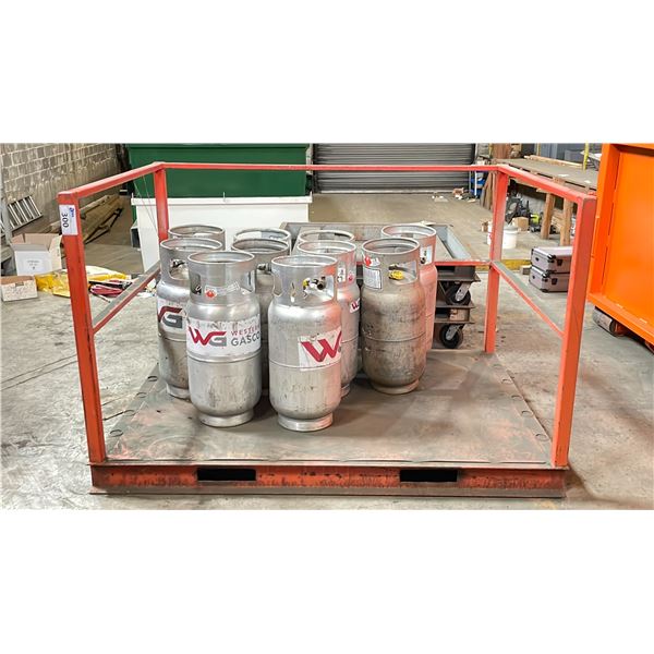 ORANGE METAL MATERIAL LIFTING PLATFORM  WITH 3 RAILINGS SIDE ONE OPEN SIDE APPROX 72"L X 51"WX 45"H