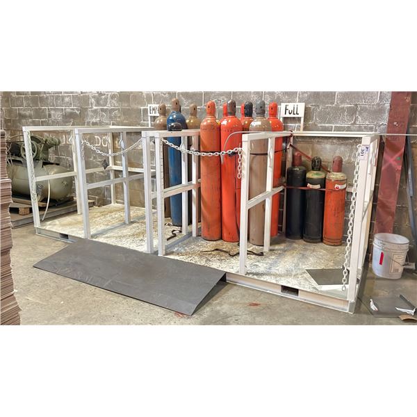 WHITE METAL CYLINDER RACK CAGE  WITH THREE SIDED RAILING AND ONE OPEN 72"LX54"WX 52 " H