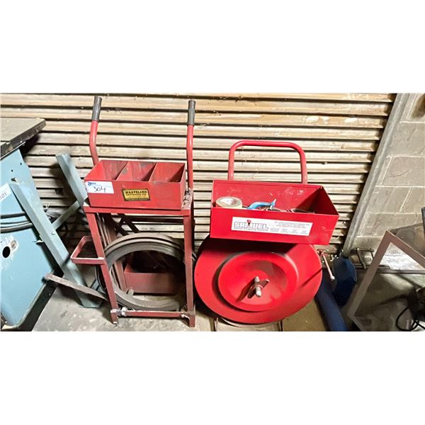 GROUP OF TWO METAL BANDING CARTS WITH SOME MATERIAL