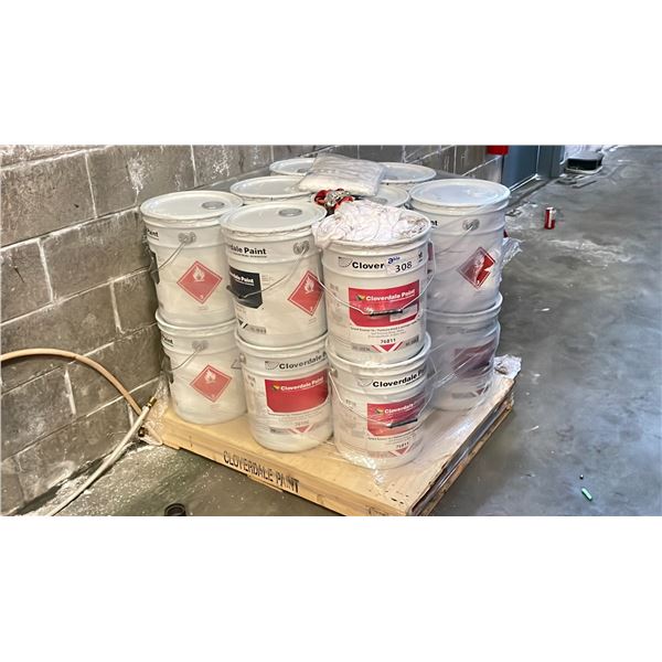 PALLET OF ASSORTED 18.9 LITRES PAILS OF CLOVER DALE PAINT AND XYLENE #11 APPROX
