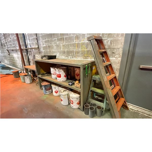 TWO METAL WORKS TABLES WITH CONTENTS INCLUDING USED PAINT 20 LITRE PAILS 1 6 FT STEP LADDER 1 2 FT