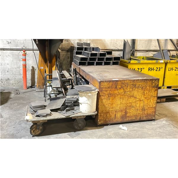 HEAVY DUTY STEEL WORK TABLE W/LARGE QUANTITY OF FABRICATED STEEL BRACKETS AND