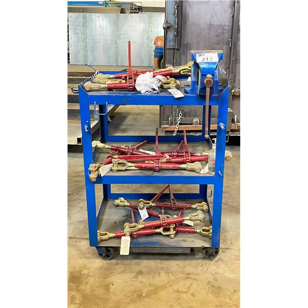BLUE HEAVY DUTY METAL  3 SHELF ROLLING CART WITH VISE ATTACHED