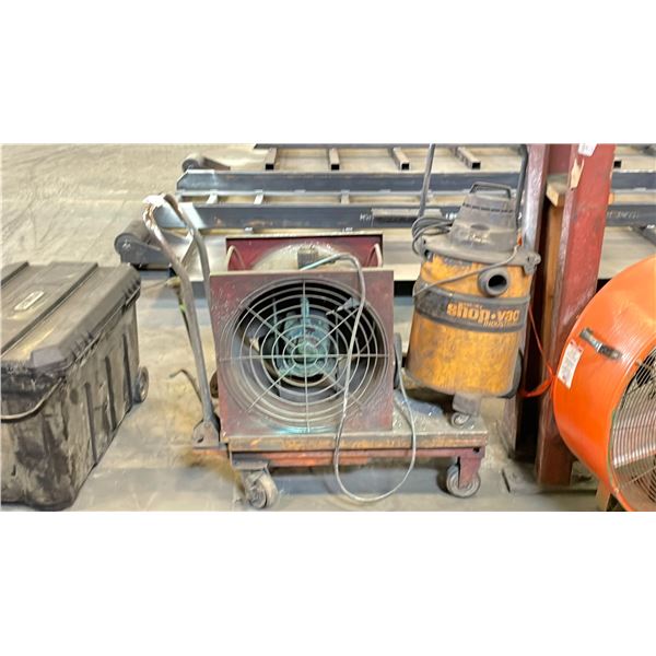 GROUP OF ITEMS INCLUDING 4 WHEEL METAL CART, WET DRY SHOP VAC  AND INDUSTRIAL SHOP FLOOR FAN
