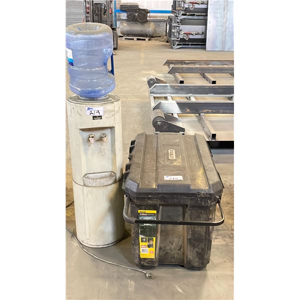 LARGE STANLEY ROLLING PLASTIC TOOL BOX BIN AND ROOM TEMP AND COLD WATER COOLER
