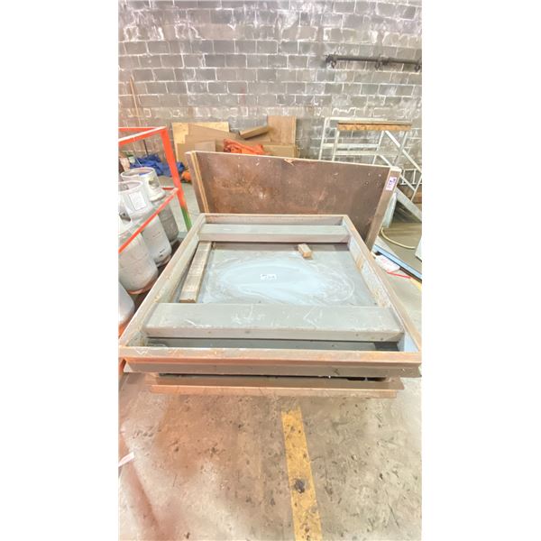 2 METAL CARTS APPROX 4 FT X 4 FT ON ROLLERS AND ONE WOODEN CART APPROX 77"L X 36 "W ON CASTERS