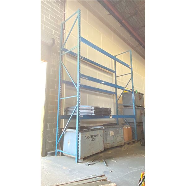 BLUE PALLET RACKING 2 UPRIGHTS, 6 ACROSS BEAMS APPROX 12'X 16' *REQUIRES TOOLS AND HELP DISMANTLING*