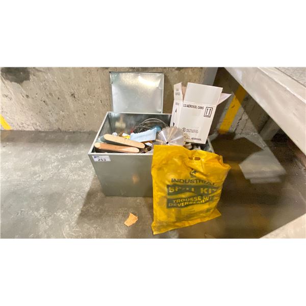 METAL BOX OF ASSORTED CHEMICALS, TOOLS, PARTS, SCRAP, SPILL KIT & AEROSOL SPRAY ADHESIVE