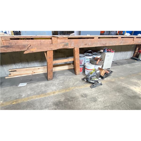 LOT OF ASSORTED SPRAY ADHESIVE, RYOBI CHOP SAW, ELECTRIC RYOBI SANDER, ASSORTED LONG LUMBER,