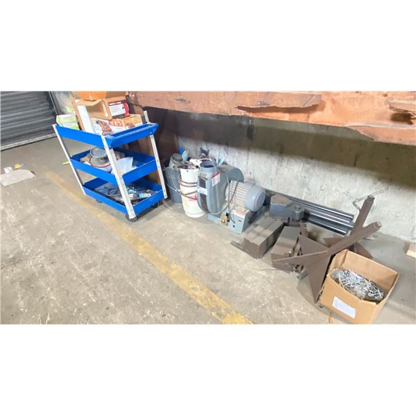 LOT OF ASSORTED ITEMS INCLUDING METAL STANDS, SCRAP METAL, MOBILE CART WITH CONTENTS, BLOWER MOTOR,