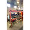 Image 1 : ORANGE STEEL SHELVING UNIT WITH CONTENTS, WELDERS, FEEDERS, PARTS, BINS, HOSES & MORE