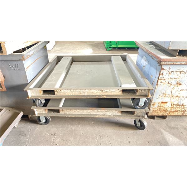 PAIR OF INDUSTRIAL METAL MOBILE EQUIPMENT STANDS APPROX 4.2' L X 4.3' W X 1' H