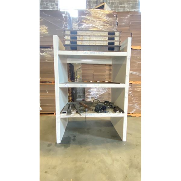 METAL HEAVY DUTY INDUSTRIAL SHELVING UNIT WITH CONTENTS INCLUDING WELDING MASKS, SCRAP METAL &