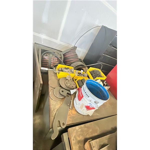 2 METAL SHOP BINS WITH MISC CONTENTS INCLUDING RUBBER HOSES, SCRAP METAL & SPRINGS