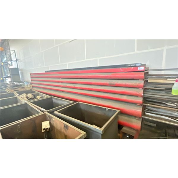 LARGE INDUSTRIAL CUSTOM MATERIAL RACK W/ ASSORTED MATERIAL INCLUDING FLAT