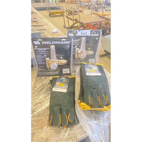 2 WELDMARK REGULATOR FLOW METER COMBINATIONS & 7 PAIRS OF NEW WATSON HEAVY METAL WELDERS GLOVES