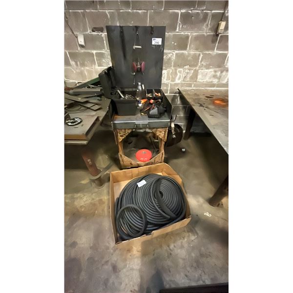 WOODEN CART ON WHEELS WITH METAL TOP AND BACK BOARD ALL CONTENTA INCLUDED AND BOX OF RUBBER FOAM