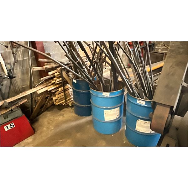 LARGE LOT OF MISC STEEL IN THREE METAL BARRELS, ROLLING MATERIAL CART FULL OF MISC CUTS OF LUMBER