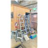 Image 1 : GROUP OF 5 ASSORTED STEP LADDERS, RIGID SHOP VAC, FAN, EXTENSION CORD, TOOLBOX, 2 BROOMS & 1 BARN