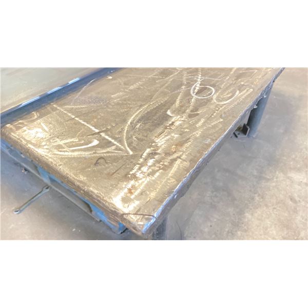 HEAVY DUTY STEEL WORK TABLE WITH 1" THICK TOP X 18' ACROSS X 6' WIDE X 3' HIGH