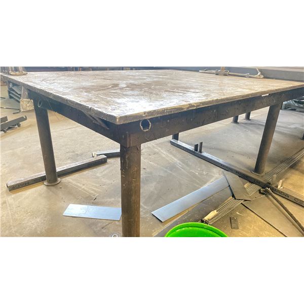 HEAVY DUTY STEEL WORK TABLE WITH 1" THICK TOP X 12' ACROSS X 5' WIDE X 3' HIGH