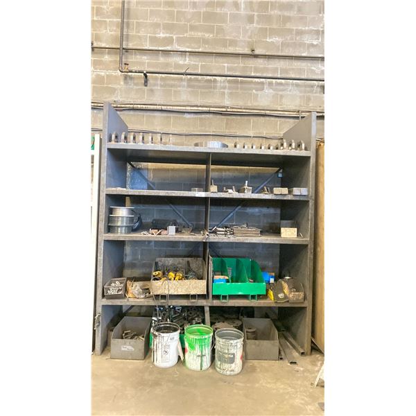 WELDED METAL SHELVING UNIT WITH CONTENTS- ASSORTED TOOLS, HARDWARE, FABRICATED WASTE BIN COMPONENT