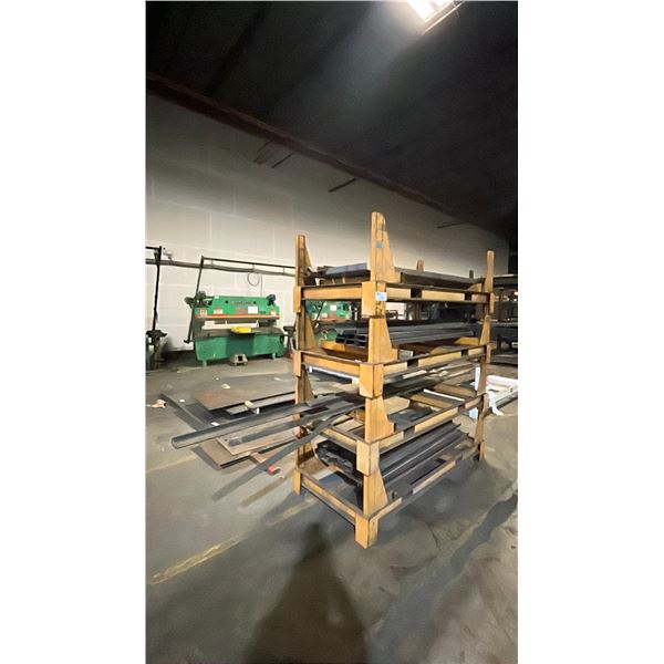 4 TIER SMALL METAL MATERIAL RACKING WITH MATERIALS APPROX ( 84"H X 72"W X 34"D )