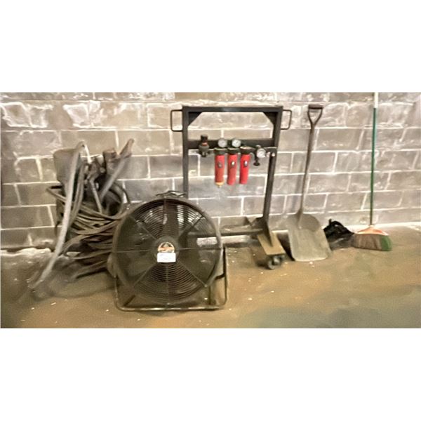 INDUSTRIAL ELECTRIC FLOOR FAN, AIRLESS PAINT SPRAYER WITH METAL ROLLING CART, SHOVEL, BROOM