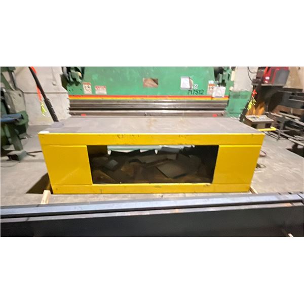 YELLOW WORK TABLE WITH UNDERNEATH STORAGE APPROX 120" L X 45" W X 39" H * CONTENTS UNDER TABLE