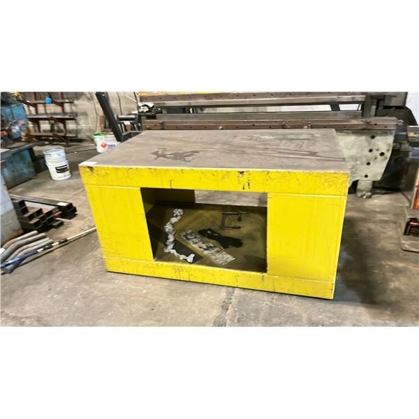 YELLOW WORK TABLE WITH UNDERNEATH STORAGE APPROX 72" L X 45" W X 36" H * CONTENTS UNDER TABLE
