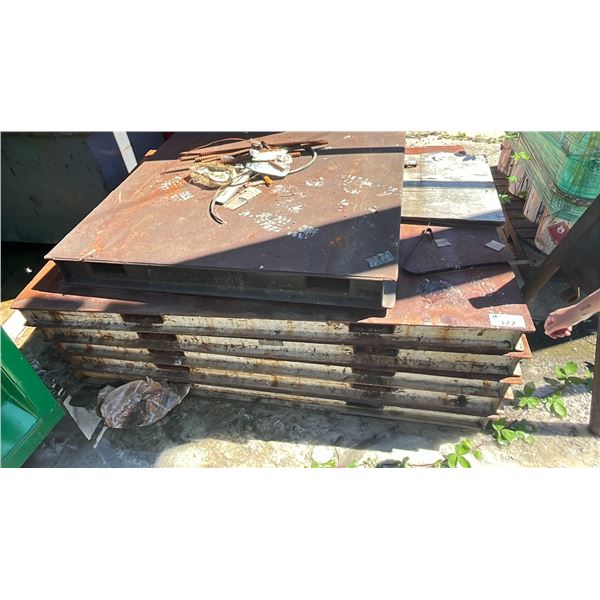 STACK OF METAL PALLETS, 4 METAL SAW HORSES, 4 RUBBER TRACTOR TIRES & 2 METAL SHELVING UNITS