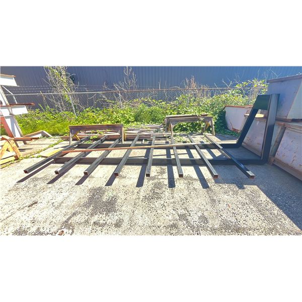 STEEL FRAME & ASSORTED LUMBER & 3 METAL SAW HORSES