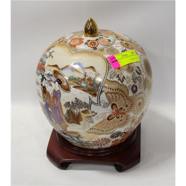 LARGE HAND PAINTED ASIAN VASE W BASE