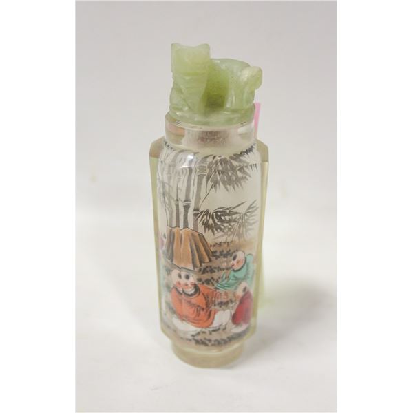 ANTIQUE PAINTED OPIUM BOTTLE WITH JADE STOPPER