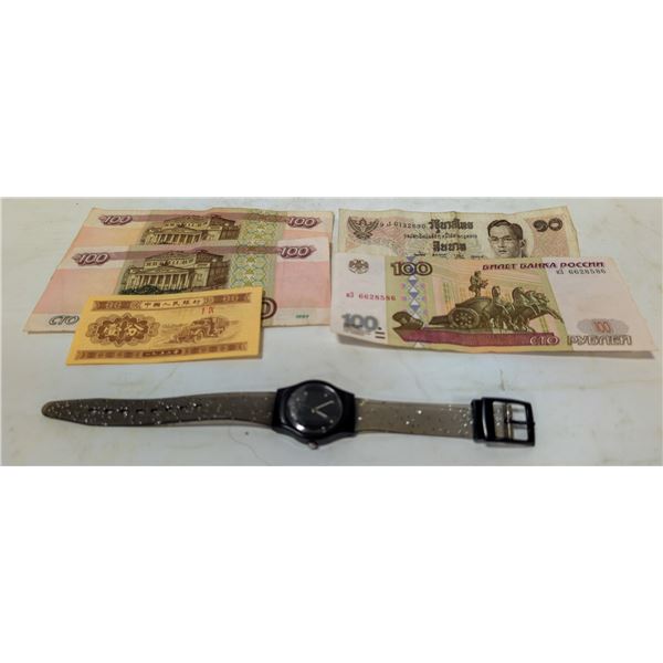 LOT OF FOREIGN PAPER BILLS W WATCH