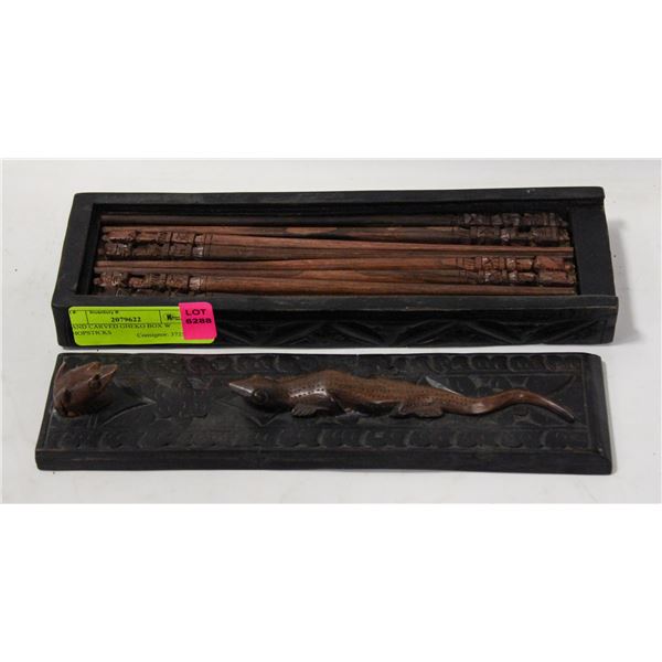 HAND CARVED GHEKO BOX W CHOPSTICKS