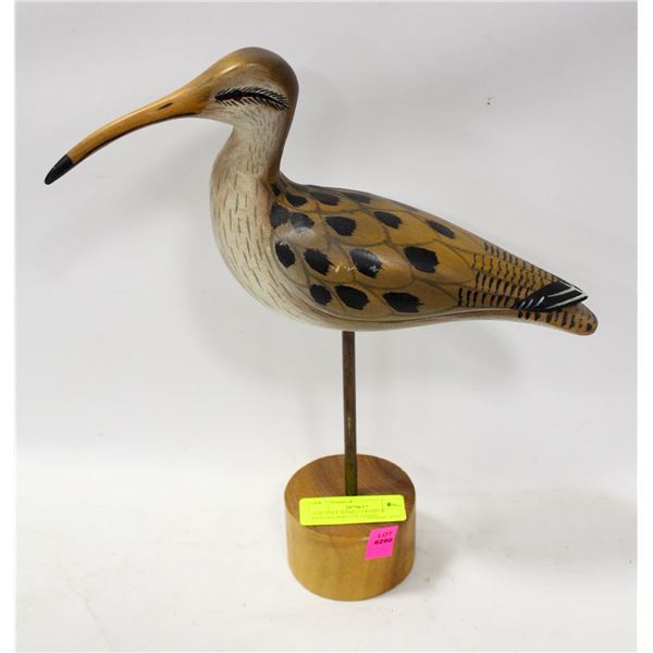 14 IN TALL HAND CARVED & PAINTED BIRD ON STAND