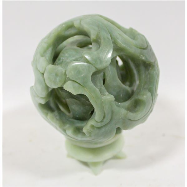 INTRICATE JADE CARVED PUZZLE BALL WITH STAND
