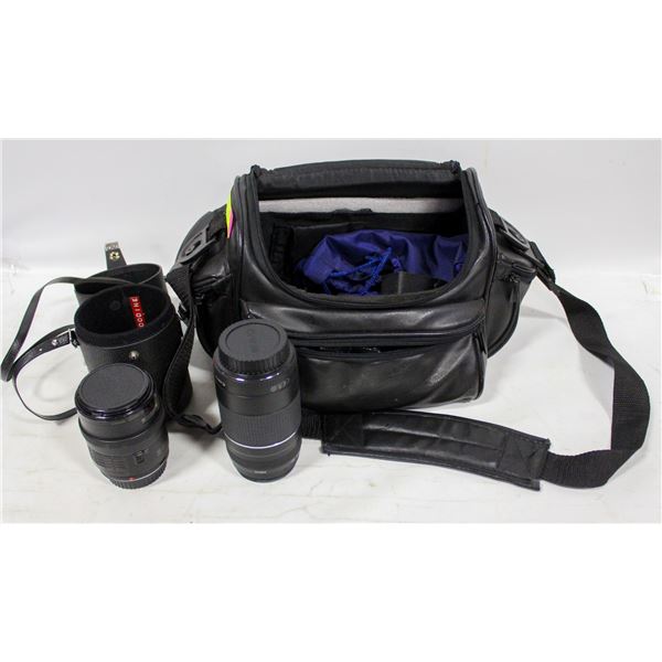 CASE WITH 35MM CAMERA LENSES AND MORE