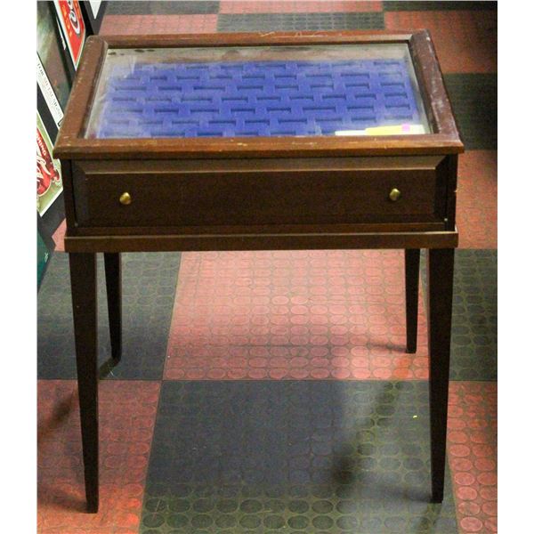 DISPLAY CASE TABLE WITH GLASS TOP & DRAWER