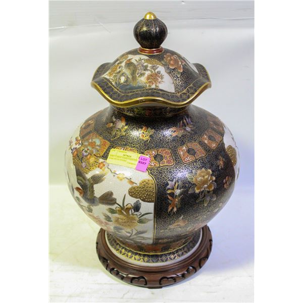 VERY LARGE HAND PAINTED ASIAN VASE WITH STAND